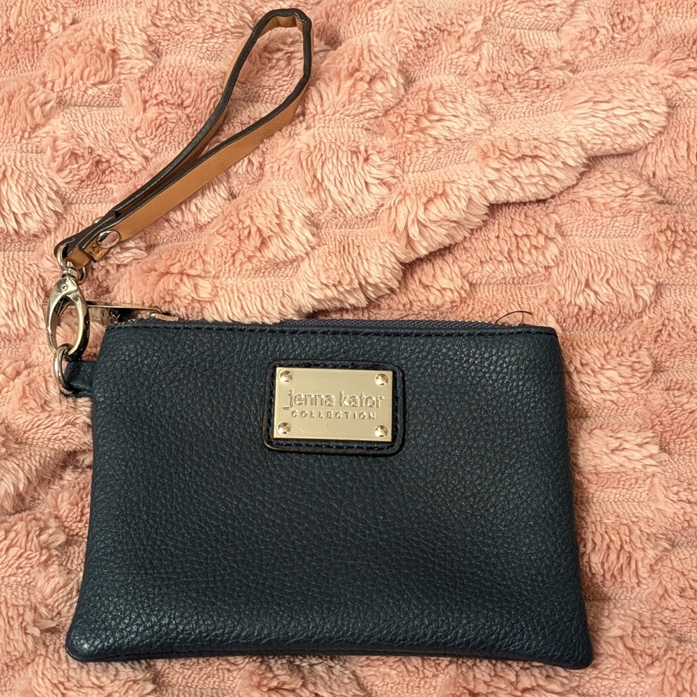 Jenna Kator Navy Pebble Leather Wristlet With Floral Interior